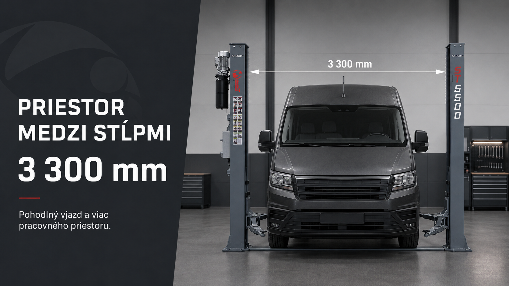 Priestor 3300 mm medzi stĺpmi zdviháka MELL PRO ST5500
